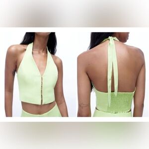 ZARA Women's Light Green Linen Blend Crop Halter Vest Top Size XS